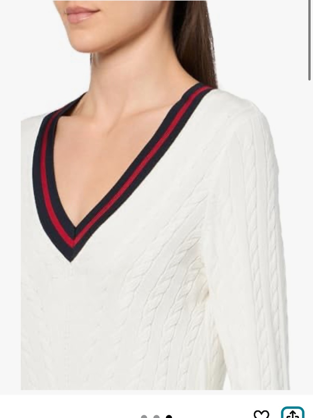 Tommy Hilfiger Cream Cable Knit V-Neck Sweater with Navy & Red Stripe Trim